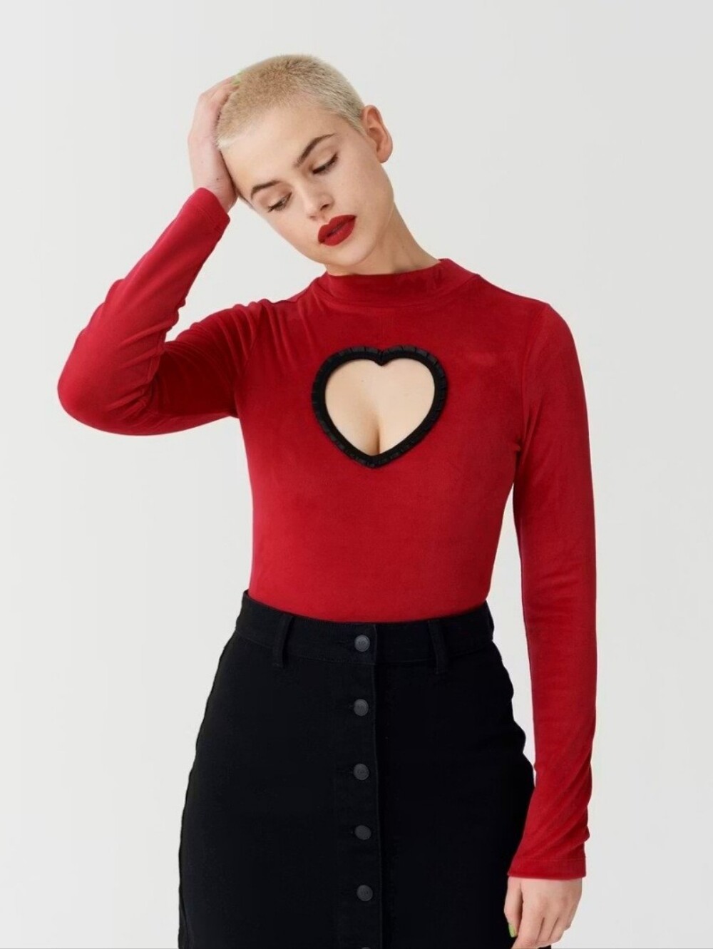 Lazy Oaf Heart Cut Out Velour Red Bodysuit Sz 10